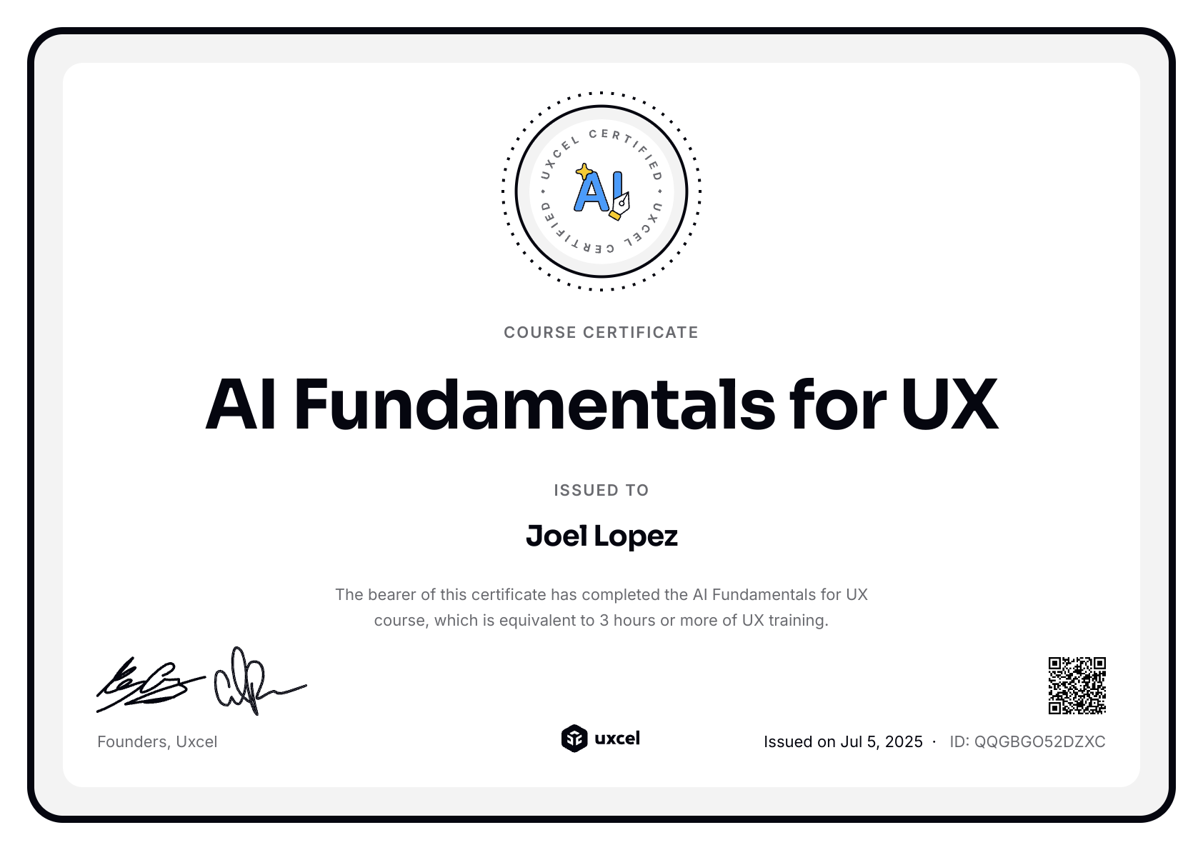 Joel Lopez's certificate